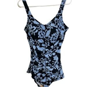 Maxine of Hollywood 1 piece floral high back ruched front size 16 blue black